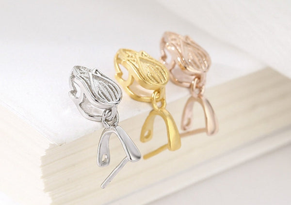 Tulip Flower Buckle Clip Pendant Setting Wholesale Sterling Silver Rose Gold Fine 925 3.5x3.5mm For One Stone Gemstone No Prongs DIY Jewelry