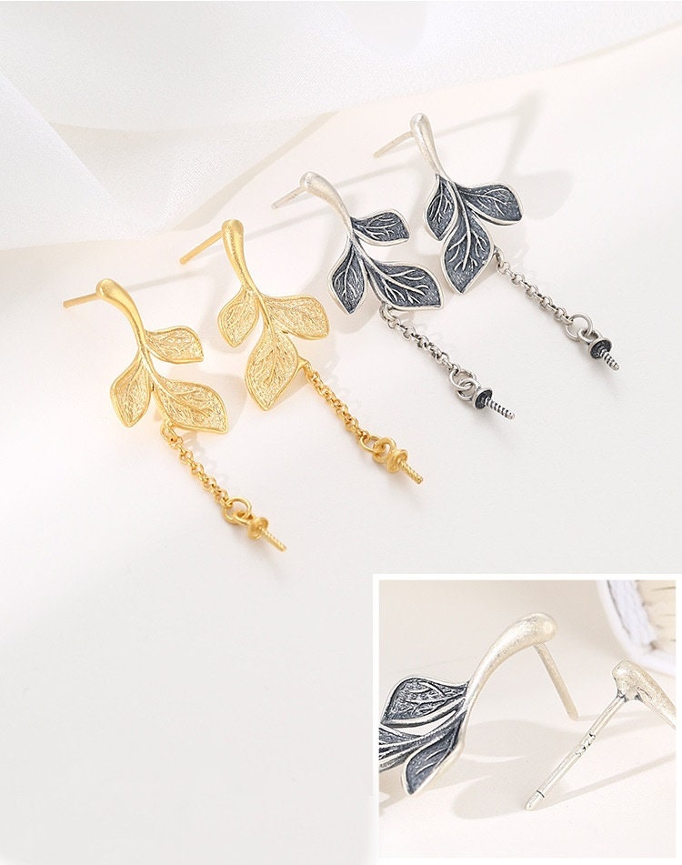 Leaf Chain Cup Pin Earrings Stud Setting Sterling Silver Gold Fine 925 5-10 mm For One Pearl Bead No Prongs DIY Jewelry Wholesale