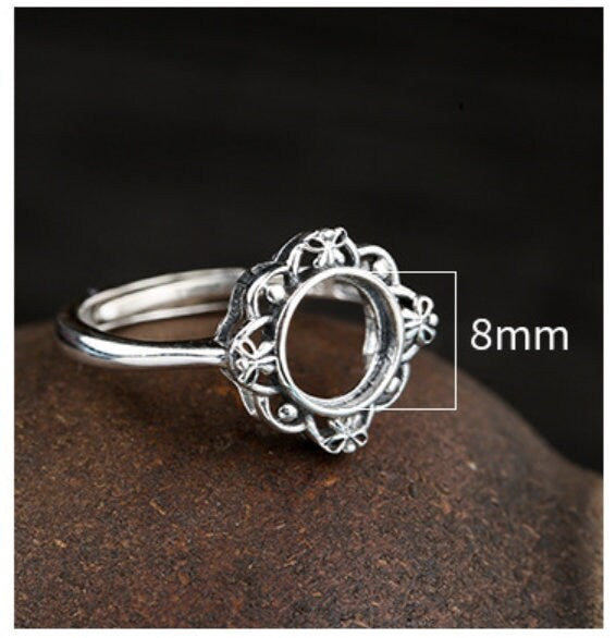 Ring Blank Setting 1pc Sterling Silver 925 Vinyage Flower Round Base Fine 8x8mm For One Stone Gemstone Adjustable No Prongs Wholesale