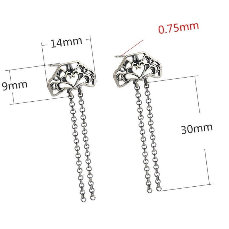 Retro Heart Love Chain Earrings Stud Setting Fine Sterling Silver Antique 925 14x39mm For Two Pearls Beads No Prongs DIY Jewelry Wholesale