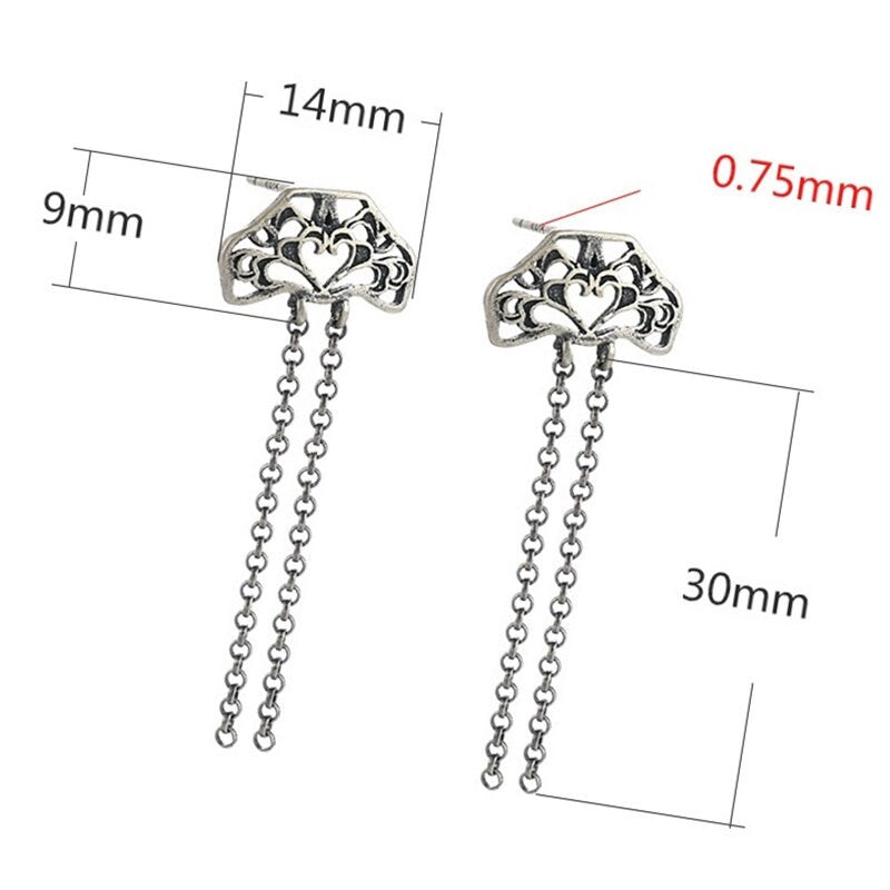 Retro Heart Love Chain Earrings Stud Setting Fine Sterling Silver Antique 925 14x39mm For Two Pearls Beads No Prongs DIY Jewelry Wholesale