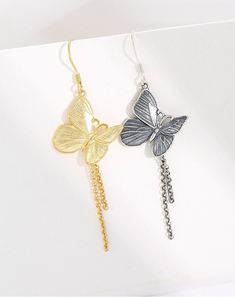 Retro Butterfly Chain Earrings Hook Setting Sterling Silver Gold Fine 925 20x46mm For Two Pearls Beads No Prongs DIY Jewelry Wholesale