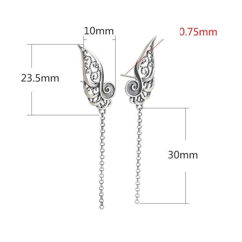 Openwork Wings Chain Earrings Stud No Prongs Setting Sterling Silver Gold Fine 925 10x53.5 mm For One Pearl Bead DIY Jewelry Wholesale