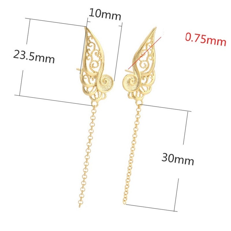 Openwork Wings Chain Earrings Stud No Prongs Setting Sterling Silver Gold Fine 925 10x53.5 mm For One Pearl Bead DIY Jewelry Wholesale