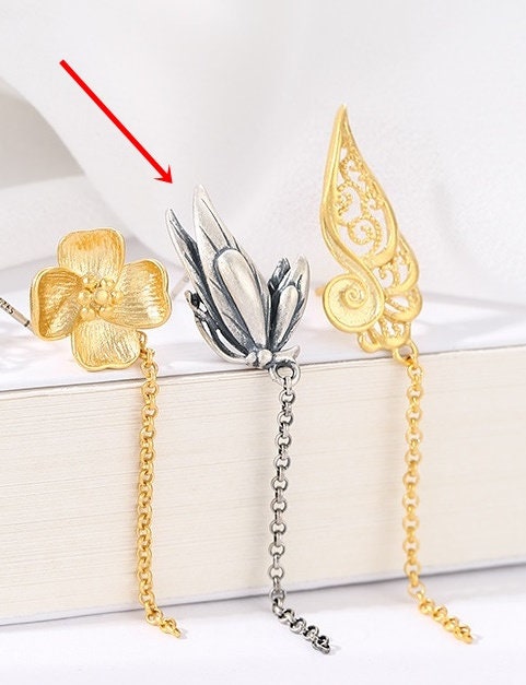 Vintage Butterfly Chain Earrings Stud Setting Sterling Silver Gold Fine 925 12x51mm For One Pearl Bead No Prongs DIY Jewelry Wholesale