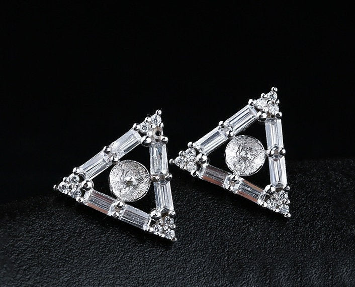 Crystals Triangle Pin Cup Earrings Stud Setting Sterling Silver White Gold Fine 925 6-9mm For One Pearl Bead No Prongs DIY Jewelry Wholesale