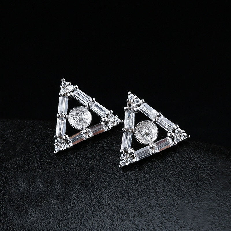 Crystals Triangle Pin Cup Earrings Stud Setting Sterling Silver White Gold Fine 925 6-9mm For One Pearl Bead No Prongs DIY Jewelry Wholesale