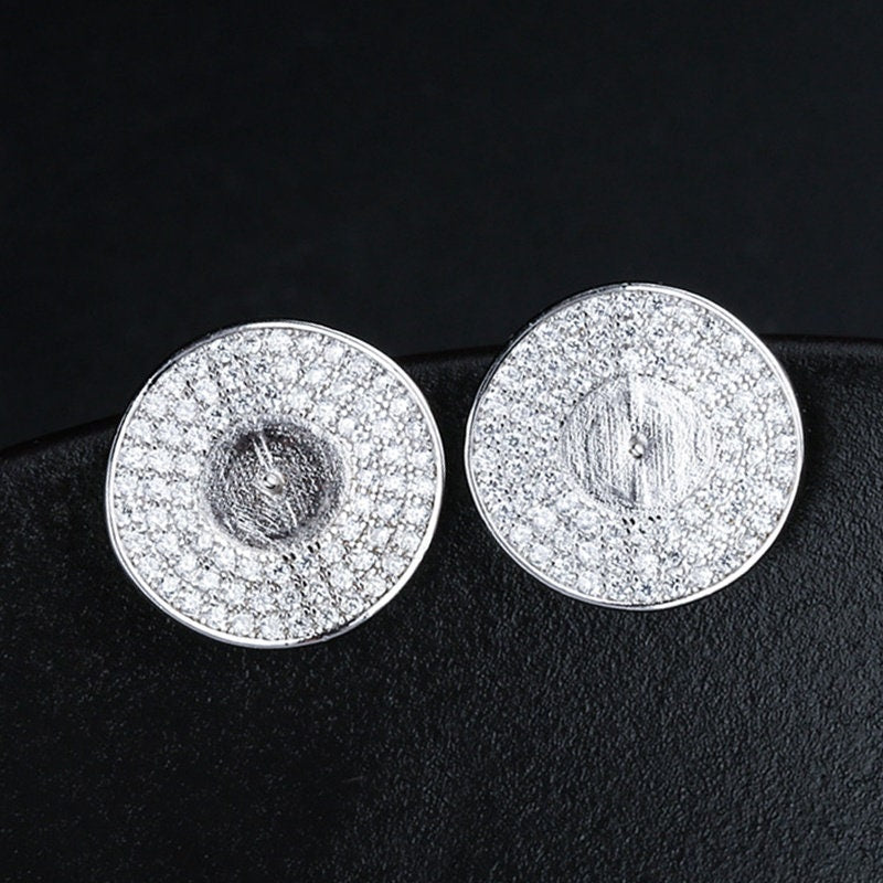 Crystals Round Pin Cup Base Earrings Stud No Prongs Setting Sterling Silver White Gold Fine 925 8-10mm For One Pearl DIY Jewelry Wholesale