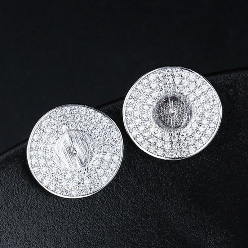 Crystals Round Pin Cup Base Earrings Stud No Prongs Setting Sterling Silver White Gold Fine 925 8-10mm For One Pearl DIY Jewelry Wholesale