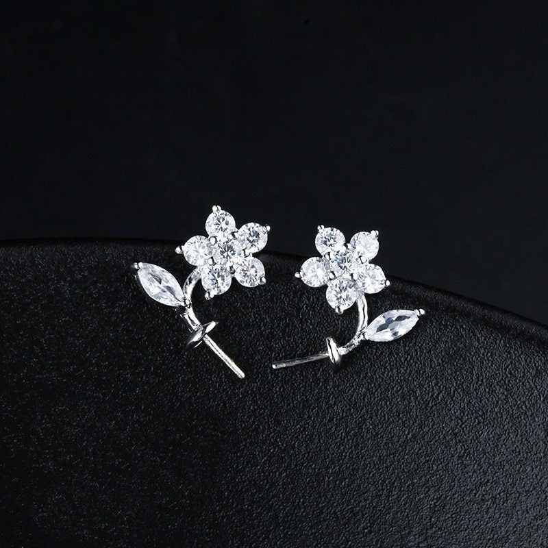 Crystals Flower Pin Cup Base Earrings Stud Setting Sterling Silver Fine 925 8-12mm For One Pearl Bead No Prongs DIY Jewelry Wholesale