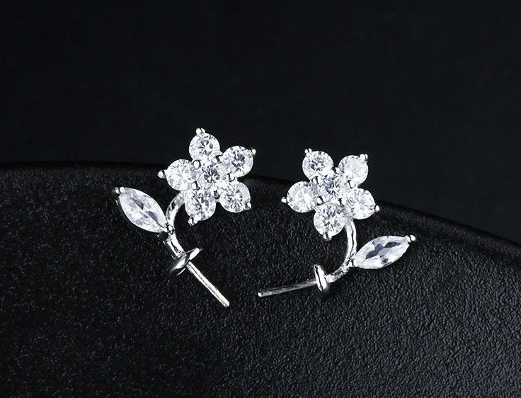 Crystals Flower Pin Cup Base Earrings Stud Setting Sterling Silver Fine 925 8-12mm For One Pearl Bead No Prongs DIY Jewelry Wholesale