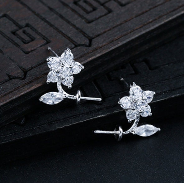 Crystals Flower Pin Cup Base Earrings Stud Setting Sterling Silver Fine 925 8-12mm For One Pearl Bead No Prongs DIY Jewelry Wholesale