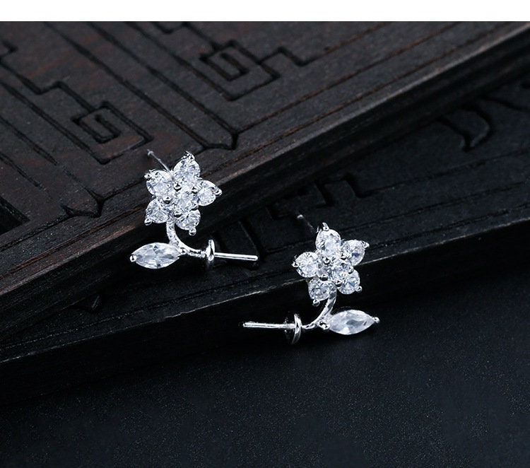 Crystals Flower Pin Cup Base Earrings Stud Setting Sterling Silver Fine 925 8-12mm For One Pearl Bead No Prongs DIY Jewelry Wholesale