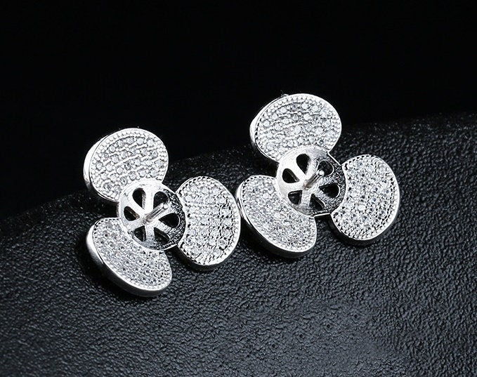 Crystals Flower Pin Cup Base Earrings Stud Blank Setting Sterling Silver Fine 925 8-10mm For One Pearl Bead No Prongs DIY Jewelry Wholesale