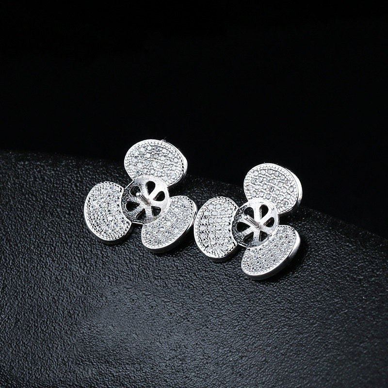 Crystals Flower Pin Cup Base Earrings Stud Blank Setting Sterling Silver Fine 925 8-10mm For One Pearl Bead No Prongs DIY Jewelry Wholesale