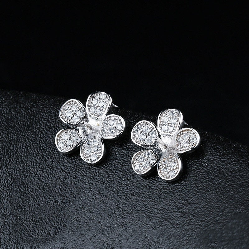 Crystals Flower Pin Cup Base Earrings Stud Setting Sterling Silver White Gold Fine 925 6-9mm For One Pearl No Prongs DIY Jewelry Wholesale