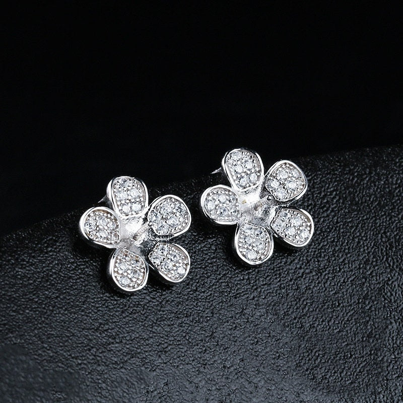 Crystals Flower Pin Cup Base Earrings Stud Setting Sterling Silver White Gold Fine 925 6-9mm For One Pearl No Prongs DIY Jewelry Wholesale