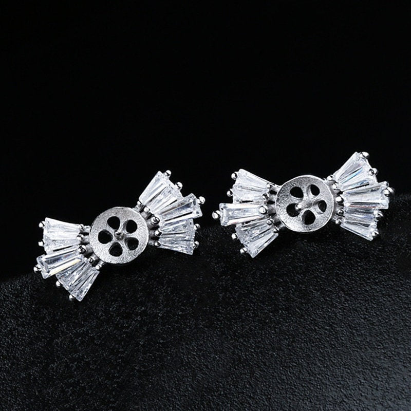 Crystals Bow-Knot Pin Cup Base Earrings Stud Setting Bezel Sterling Silver Fine 925 8mm For One Pearl Bead No Prongs DIY Jewelry Wholesale