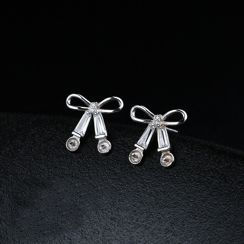 Crystals Bow-Knot Pin Cup Earrings Stud Setting Sterling Silver White Gold Fine 925 4-5mm For Two Pearls No Prongs DIY Jewelry Wholesale