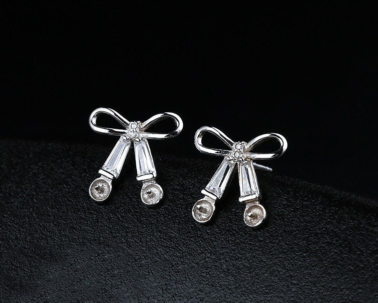 Crystals Bow-Knot Pin Cup Earrings Stud Setting Sterling Silver White Gold Fine 925 4-5mm For Two Pearls No Prongs DIY Jewelry Wholesale