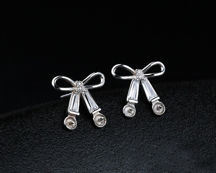 Crystals Bow-Knot Pin Cup Earrings Stud Setting Sterling Silver White Gold Fine 925 4-5mm For Two Pearls No Prongs DIY Jewelry Wholesale