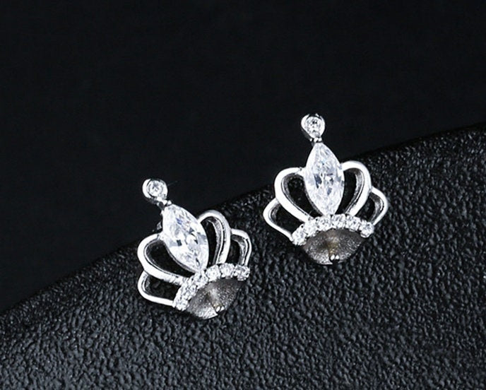 Crystals Crown Pin Cup Base Earrings Stud Setting Sterling Silver White Gold Fine 925 6-8mm For One Pearl No Prongs DIY Jewelry Wholesale