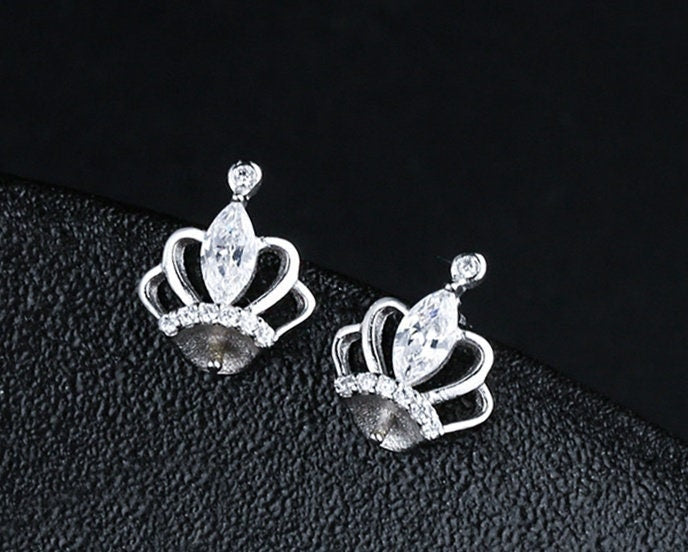 Crystals Crown Pin Cup Base Earrings Stud Setting Sterling Silver White Gold Fine 925 6-8mm For One Pearl No Prongs DIY Jewelry Wholesale