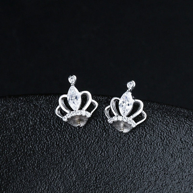 Crystals Crown Pin Cup Base Earrings Stud Setting Sterling Silver White Gold Fine 925 6-8mm For One Pearl No Prongs DIY Jewelry Wholesale