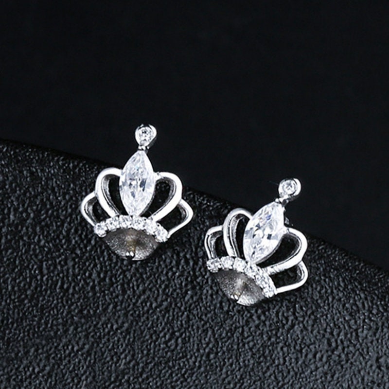 Crystals Crown Pin Cup Base Earrings Stud Setting Sterling Silver White Gold Fine 925 6-8mm For One Pearl No Prongs DIY Jewelry Wholesale