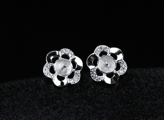 Crystals Flower Pin Cup Base Earrings Stud No Prongs Setting Sterling Silver White Gold Fine 925 5-6mm For One Pearl DIY Jewelry Wholesale