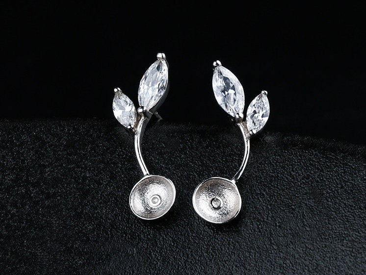 Crystals Branch Pin Cup Base Earrings Stud Setting Sterling Silver Fine 925 7-9mm For One Pearl Bead No Prongs DIY Jewelry Wholesale