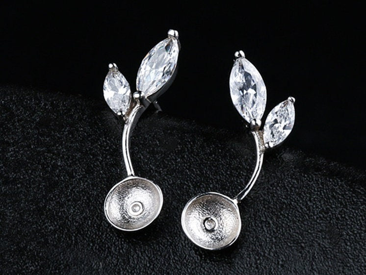 Crystals Branch Pin Cup Base Earrings Stud Setting Sterling Silver Fine 925 7-9mm For One Pearl Bead No Prongs DIY Jewelry Wholesale