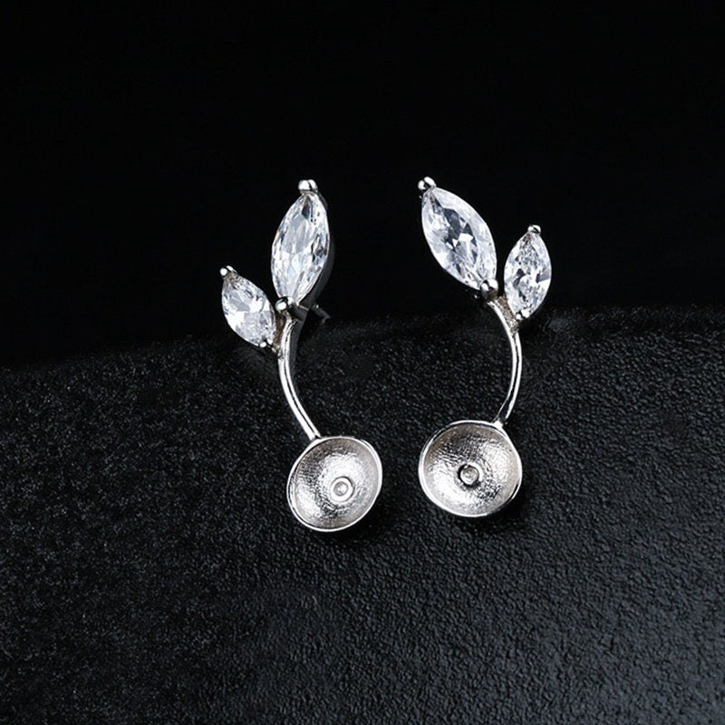 Crystals Branch Pin Cup Base Earrings Stud Setting Sterling Silver Fine 925 7-9mm For One Pearl Bead No Prongs DIY Jewelry Wholesale