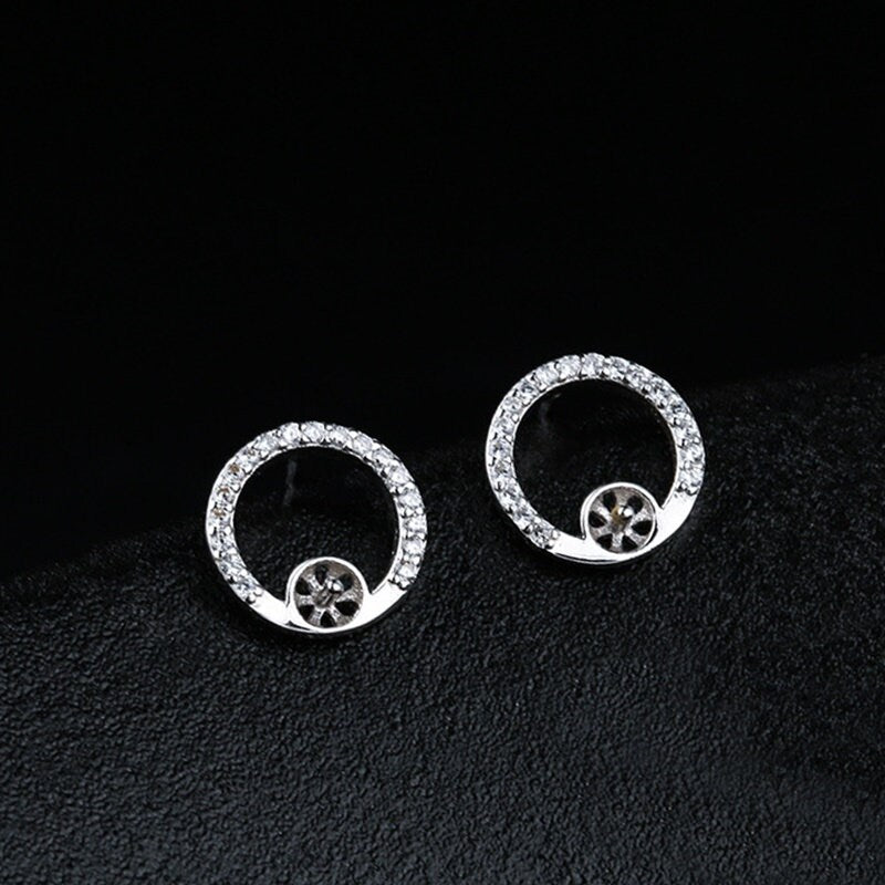 Crystals Circle Pin Cup Base Earrings Stud Blank Setting Sterling Silver Fine 925 4-6mm For One Pearl Bead No Prongs DIY Jewelry Wholesale