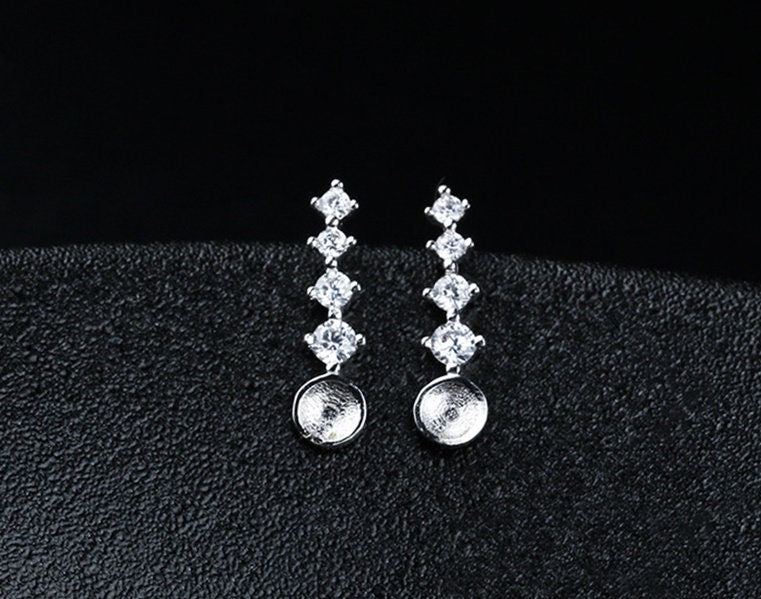 Crystals Strip Pin Cup Base Earrings Stud Setting Sterling Silver White Gold Fine 925 5-7mm For One Pearl No Prongs DIY Jewelry Wholesale