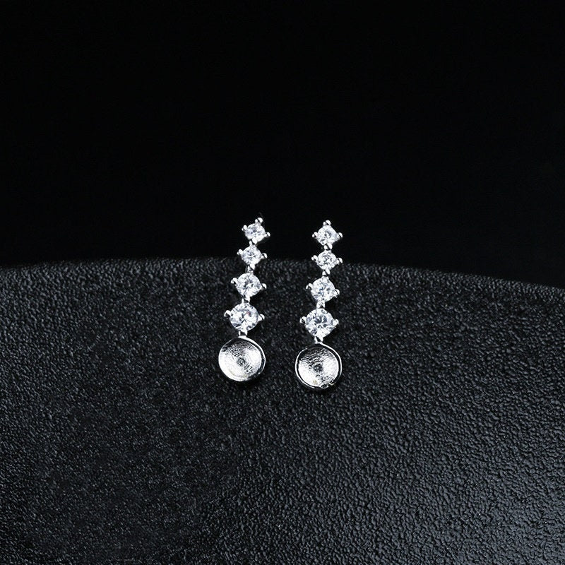 Crystals Strip Pin Cup Base Earrings Stud Setting Sterling Silver White Gold Fine 925 5-7mm For One Pearl No Prongs DIY Jewelry Wholesale