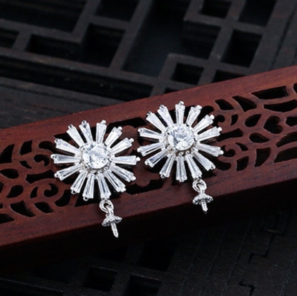 Crystals Sunflower Pin Base Earrings Stud Setting Tray Bulk Sterling Silver Fine 925 6-12mm For One Pearl No Prongs DIY Jewelry Wholesale