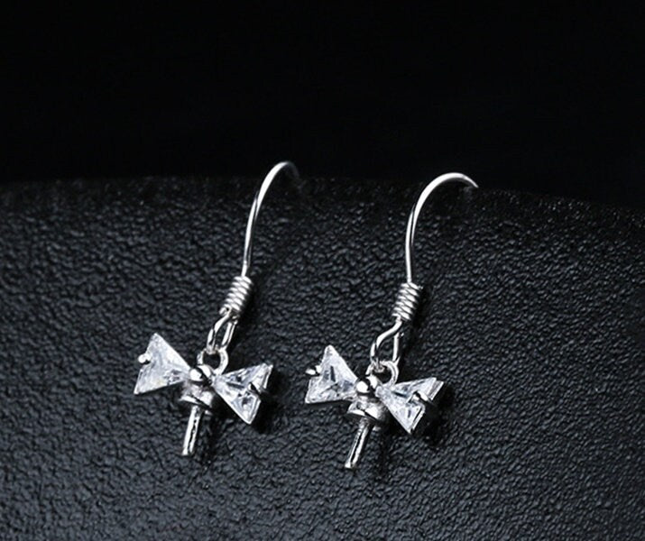 Crystals Bow-Knot Pin Cup Base Earrings Hook Setting Wholesale Sterling Silver Fine 925 6-10mm For One Pearl Bead No Prongs DIY Jewelry