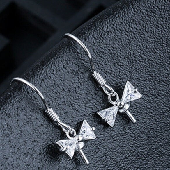 Crystals Bow-Knot Pin Cup Base Earrings Hook Setting Wholesale Sterling Silver Fine 925 6-10mm For One Pearl Bead No Prongs DIY Jewelry