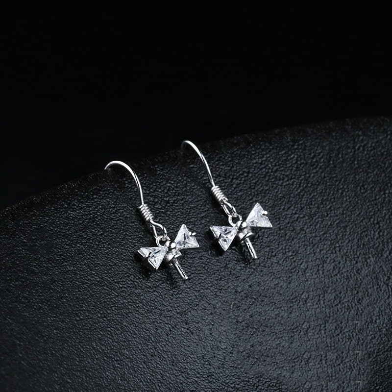 Crystals Bow-Knot Pin Cup Base Earrings Hook Setting Wholesale Sterling Silver Fine 925 6-10mm For One Pearl Bead No Prongs DIY Jewelry