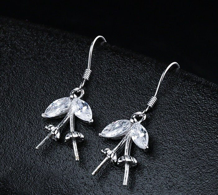 Crystals Branch Pin Cup Earrings Hook Setting Sterling Silver White Gold Fine 925 6-9mm For Two Pearls Beads No Prongs DIY Jewelry Wholesale