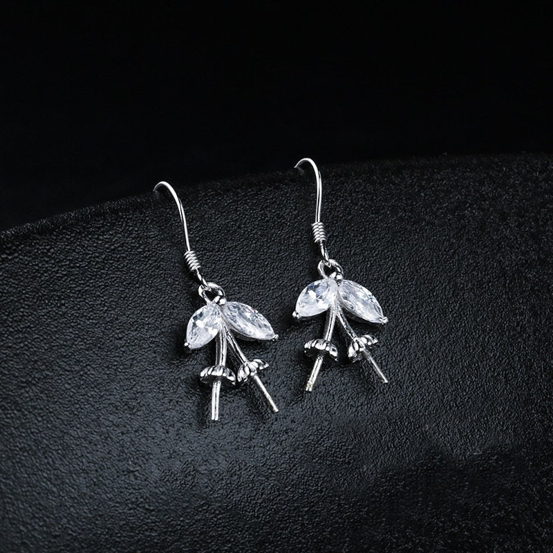 Crystals Branch Pin Cup Earrings Hook Setting Sterling Silver White Gold Fine 925 6-9mm For Two Pearls Beads No Prongs DIY Jewelry Wholesale