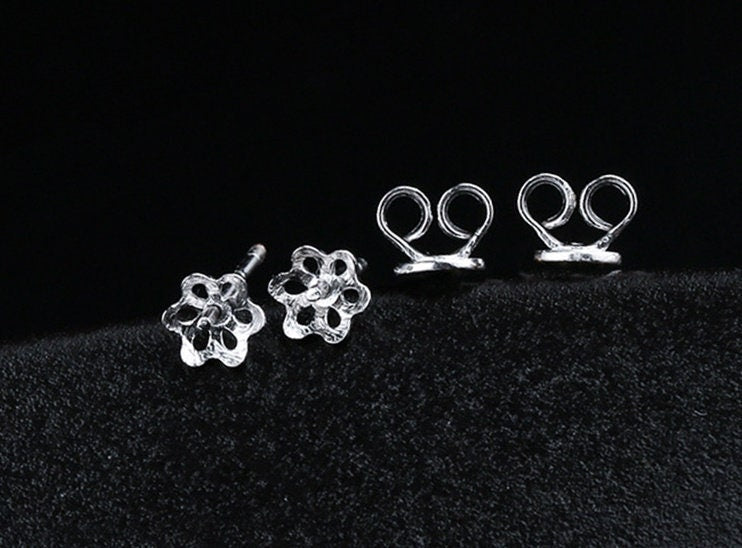 Flower Pin Cup Base Earrings Stud No Prongs Setting Sterling Silver White Gold Fine 925 5-10mm For One Pearl Bead DIY Jewelry Wholesale