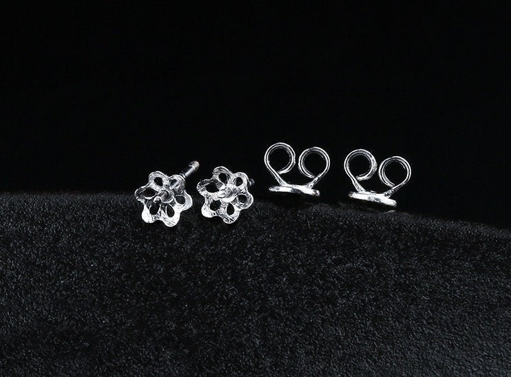 Flower Pin Cup Base Earrings Stud No Prongs Setting Sterling Silver White Gold Fine 925 5-10mm For One Pearl Bead DIY Jewelry Wholesale