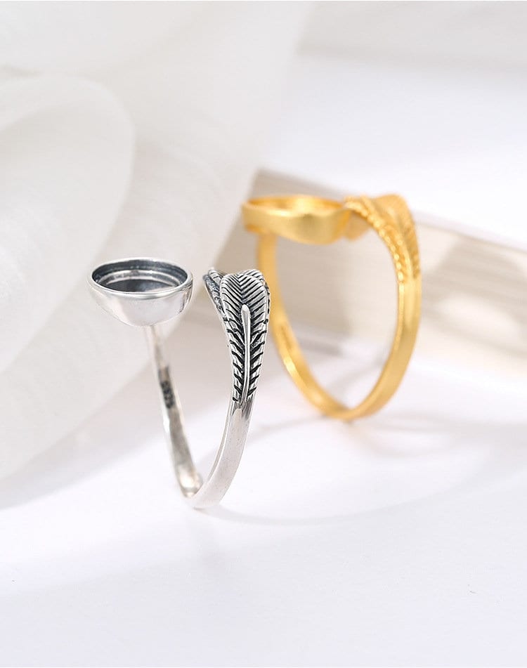 Ring Blank Setting 1pc Sterling Silver 925 Retro Feather Oval Base Gold Fine 6-10mm For One Stone Gemstone Adjustable No Prongs Wholesale