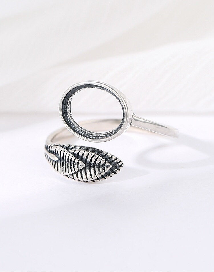 Ring Blank Setting 1pc Sterling Silver 925 Retro Feather Oval Base Gold Fine 6-10mm For One Stone Gemstone Adjustable No Prongs Wholesale