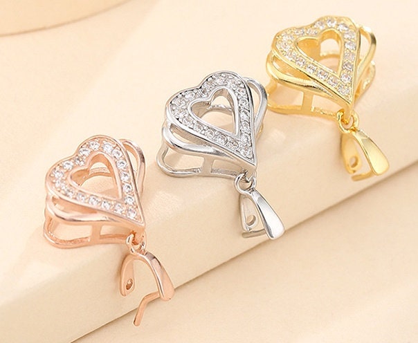 Crystals Heart Buckle Clip Pendant Setting Sterling Silver Rose Gold Fine 925 3x4mm For One Stone Bead No Prongs DIY Jewelry Wholesale