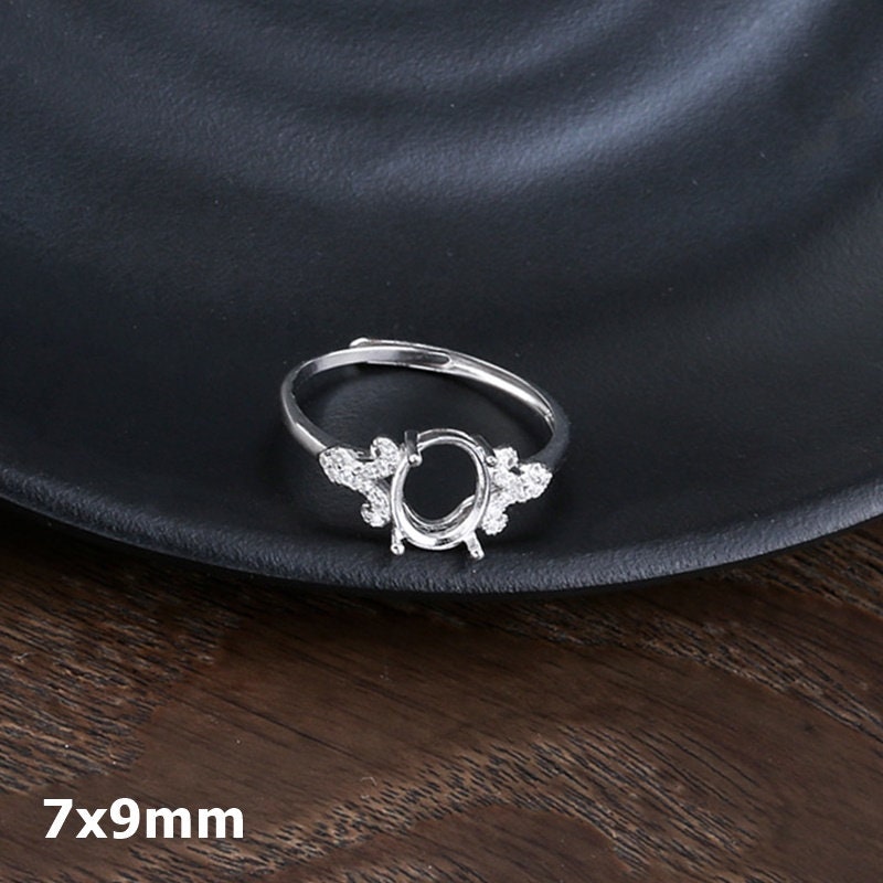 Ring Blank Setting 1pc Sterling Silver 925 Crystals Oval White Gold Fine 7x9mm For One Stone Gemstone Adjustable Four Prongs Wholesale