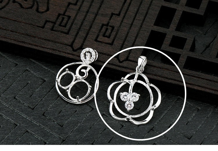 Flower Round Base Pendant Setting Fine Sterling Silver White Gold 925 16x16mm For One Stone Gemstone Five Prongs DIY Jewelry Wholesale