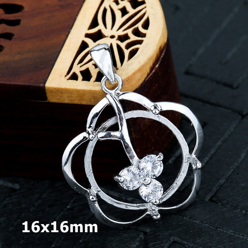 Flower Round Base Pendant Setting Fine Sterling Silver White Gold 925 16x16mm For One Stone Gemstone Five Prongs DIY Jewelry Wholesale